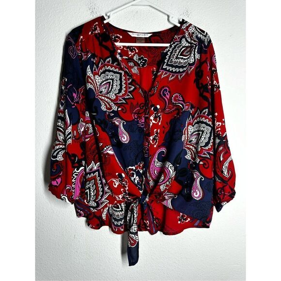 Peter Nygard Red/blue/pink Paisley/floral Button Up Tie Blouse Slit Sleeve Sz 14 - Picture 1 of 13